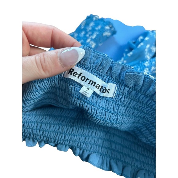 Reformation Elle Blue Floral Smocked Puff Sleeve Square Neck Mini Dress Size 2 - Picture 8 of 10